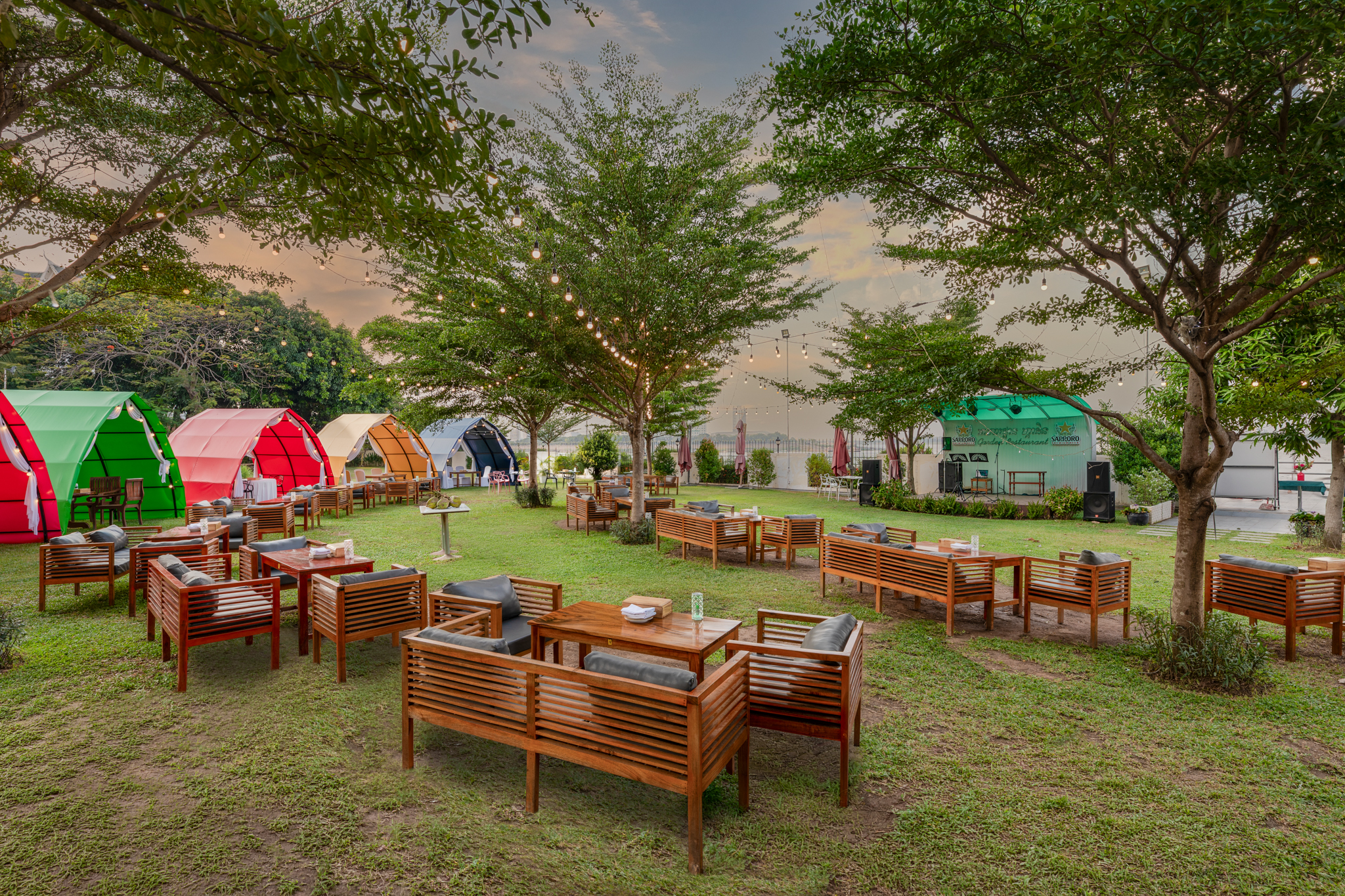 Hotel Cambodiana garden dining setup, outdoor hotel event and hospitality photography in Phnom Penh.